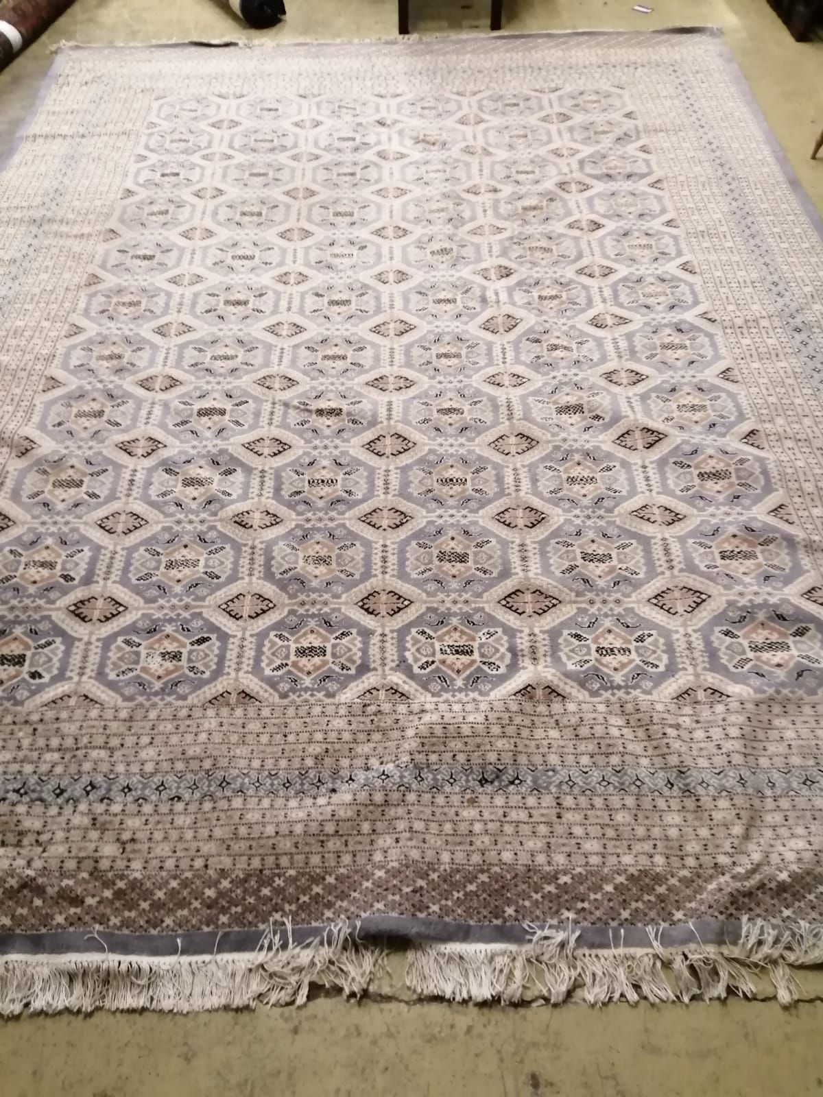 A very large Super Kazak grey-blue ground multi-bordered woven silk and wool carpet 370 x 270cm